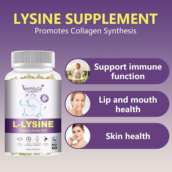1 Pack 1200 MG L-Lysine Gummies for Immune Support & Collagen Boost - Chewable Lysine Supplement for Adults, Lip ＆ Cold Sore* Support for Women,Blueberry, Non-GMO, Gluten Free,60 Counts