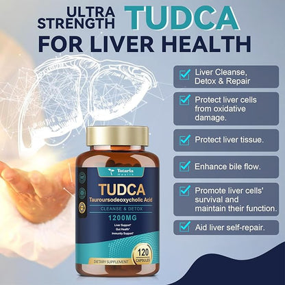 TUDCA Bile Salts 1200mg (Tauroursodeoxycholic Acid), 120 Capsules, Ultra Strength Pure TUDCA Liver Supplements, Liver and Gallbladder Cleanse & Repair, Vegan