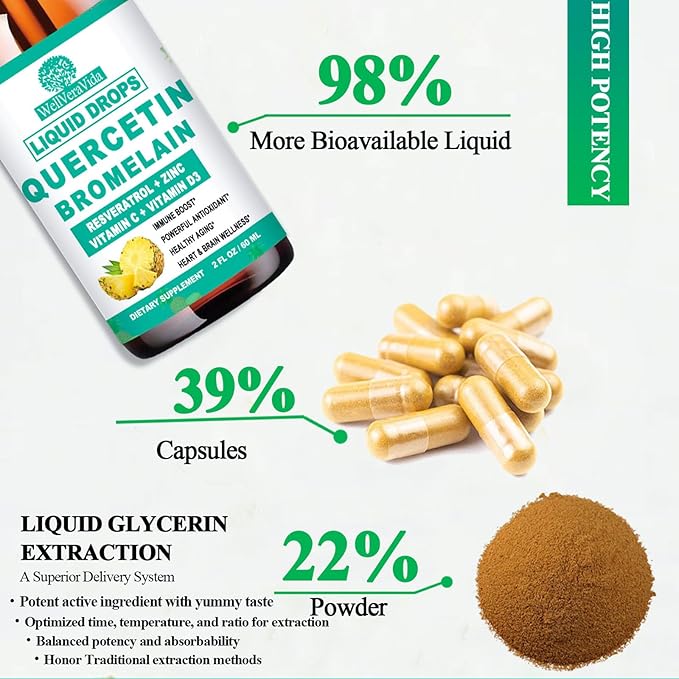 2 Pack Quercetin with Bromelain Liquid Drops, 4X Stronger Than Capsules & Pills, 7-in-1 Organic Zinc Quercetin 1000mg with Bromelain 500mg Vitamin C D3 for Immune Respiratory Health & Antioxidant
