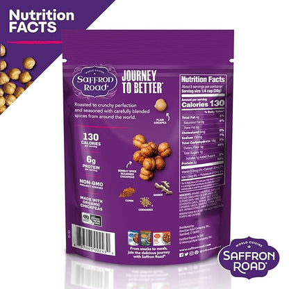 Saffron Road Roasted and Crunchy Bombay Spice Chickpeas | High Protein Snacks | Gluten-free, Vegan, Non-GMO, and Certified Halal and Kosher | 5.4oz Pouch | Pack of 6