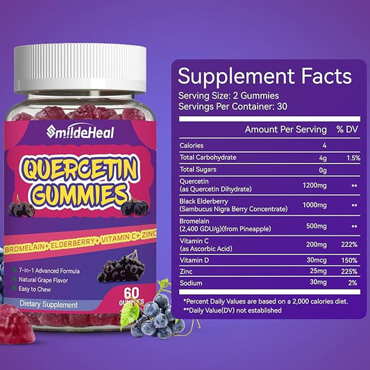 Quercetin Gummies 1200MG, Quercetin Gummies with Bromelain, Zinc Vitamin C, Quercetin Supplement Gummies for Adult & Kid, 60 Vegan Gummies