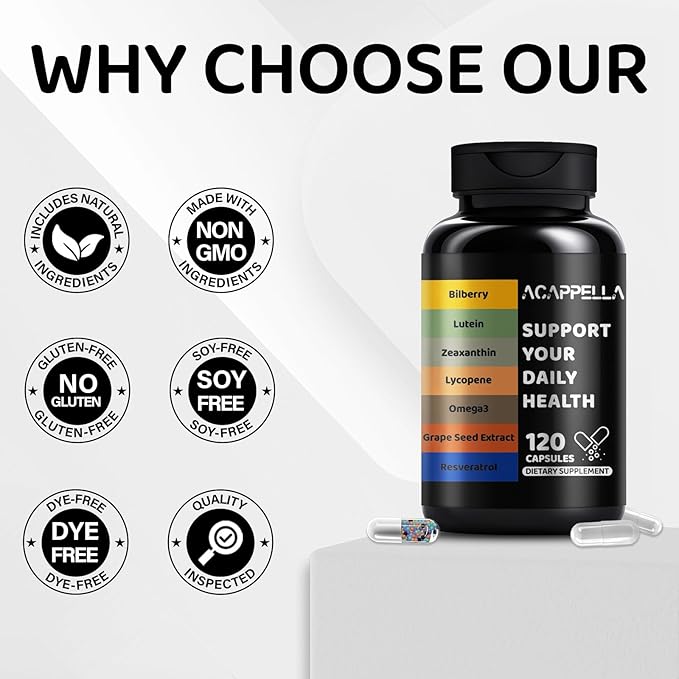 ACAPPELLA Bilberry Lutein Zeaxanthin Lycopene Omega-3 Grape Seed Extract Resveratrol Capsule Bilberry Supplement for Eyes with Multivitamins (1)