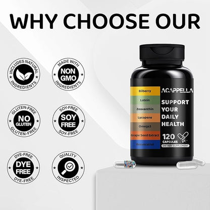 ACAPPELLA Bilberry Lutein Zeaxanthin Lycopene Omega-3 Grape Seed Extract Resveratrol Capsule Bilberry Supplement for Eyes with Multivitamins (1)