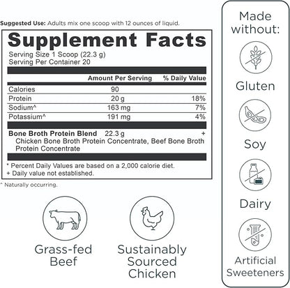 Ancient Nutrition Grass Fed & Cage Free Bone Broth Protein Powder, 20g Protein Per Serving, Hydrolyzed Collagen Peptides, Glucosamine, Chondroitin, Supports Joint & Gut Health, Pure, 20 Servings