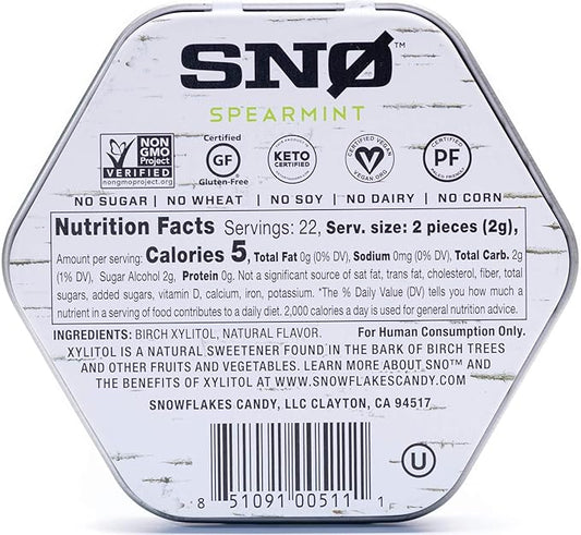 Spearmint KETO Xylitol Candy Chips (6-Pack) - SNØ 1.5oz Tin - Sugar-Free Candy With Only 2 Ingredients | Low Carbs, Diabetic-Friendly, Non-GMO, Vegan, GF & Kosher | Purest candy in the world!