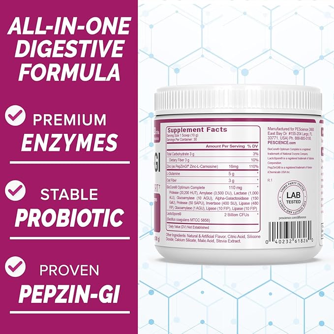 PEScience Complete-GI Gut Health Powder, Probiotics for Women and Men, Digestive Enzymes, Prebiotic Fiber, L Glutamine, Pepzin GI Zinc Carnosine, Unflavored, 30 Servings