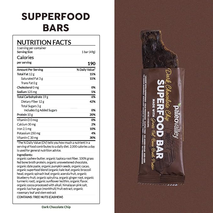 Paleovalley Superfood Bars – Dark Chocolate Chip– 10 Pack – 9g Protein per Bar – Gluten-Free, Grain-Free, Paleo, Non-GMO – On-the-Go Snack