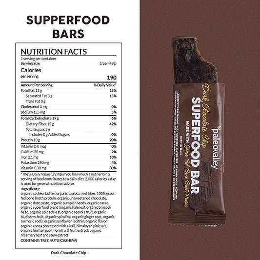 Paleovalley Superfood Bars – Dark Chocolate Chip– 10 Pack – 9g Protein per Bar – Gluten-Free, Grain-Free, Paleo, Non-GMO – On-the-Go Snack