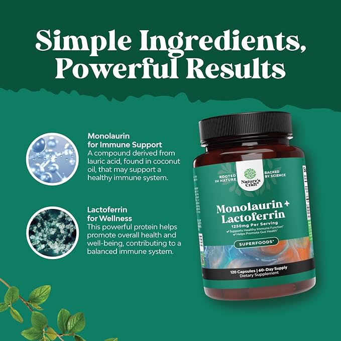 Natures Craft High Strength Lactoferrin & Monolaurin Supplement - Microbiome Digestive Health Immune Support Supplement - 250mg Lactoferrin and Monolaurin 1000mg Capsules - Vegetarian (60 Servings)
