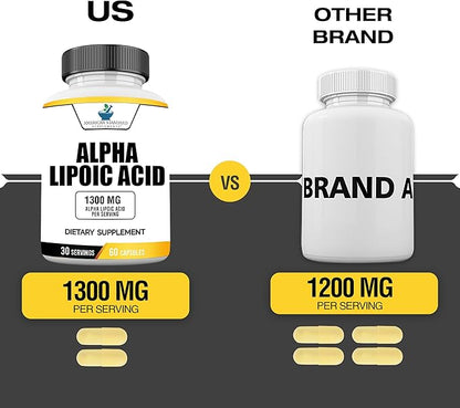American Standard Supplements Alpha Lipoic Acid 1300mg Per Serving - Vegan, Gluten Free, Non-GMO, 60 Capsules, 30 Servings