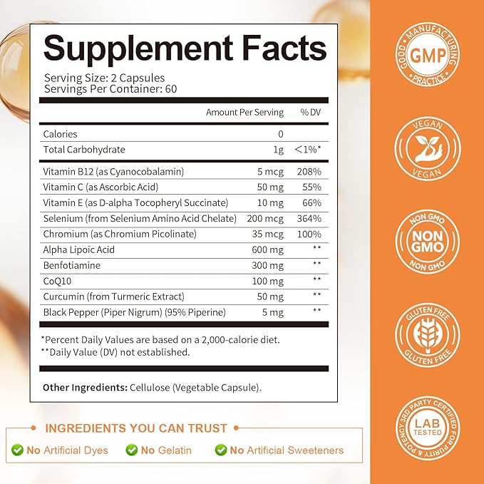Alpha Lipoic Acid 600mg with Benfotiamine 300mg - ALA Supplement for Neuropathy Support Nerve Health & Antioxidant, Cell Energy, Metabolism and Anti-Aging, Non-GMO, Gluten Free, Vegan 120 Counts