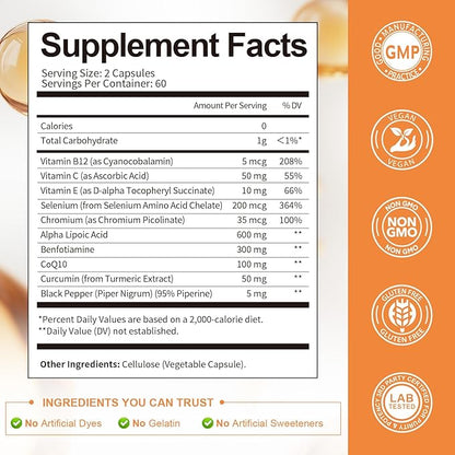 Alpha Lipoic Acid 600mg with Benfotiamine 300mg - ALA Supplement for Neuropathy Support Nerve Health & Antioxidant, Cell Energy, Metabolism and Anti-Aging, Non-GMO, Gluten Free, Vegan 120 Counts