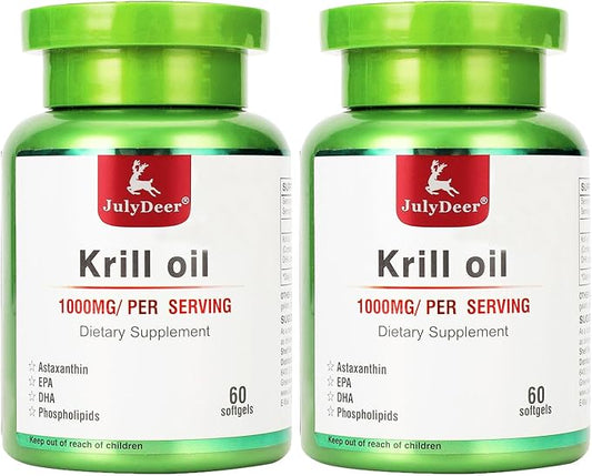 2 Bottles Antarctic Krill Oil 1000 mg with Omega-3s EPA, DHA, Astaxanthin and Phospholipids 60 Softgels Supplement No Fishy Aftertaste for Joint, Heart, Brain and Immunity - 120 Softgels