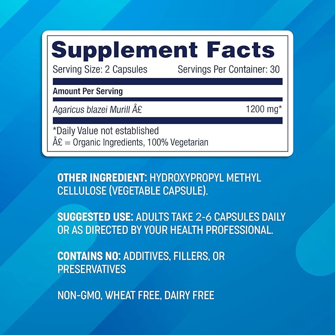 Agaricus Bio 600 mg, Natural Killer Cell Activity -USA-Grown Organic Agaricus Blazei Murill Mushroom for Immune Support, Liver & Cellular Health, High Beta Glucan Supplements, 60 Caps