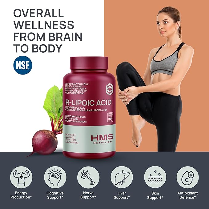 Stabilized R-Lipoic Acid 300mg Per Serving, R Alpha Lipoic Acid ALA Supplement Antioxidant for Nerve, Energy & Metabolism Support, NSF Certified Supplements, Non-GMO & Vegan,60 Capsules,2 Month Supply