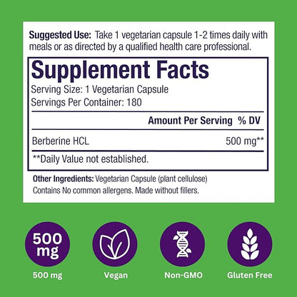 Paradise Herbs, Berberine Extract, 500 mg, Pure & Potent Berberine Supplement, Vegan, Non-GMO, Gluten Free, 180 Vegetarian Capsules
