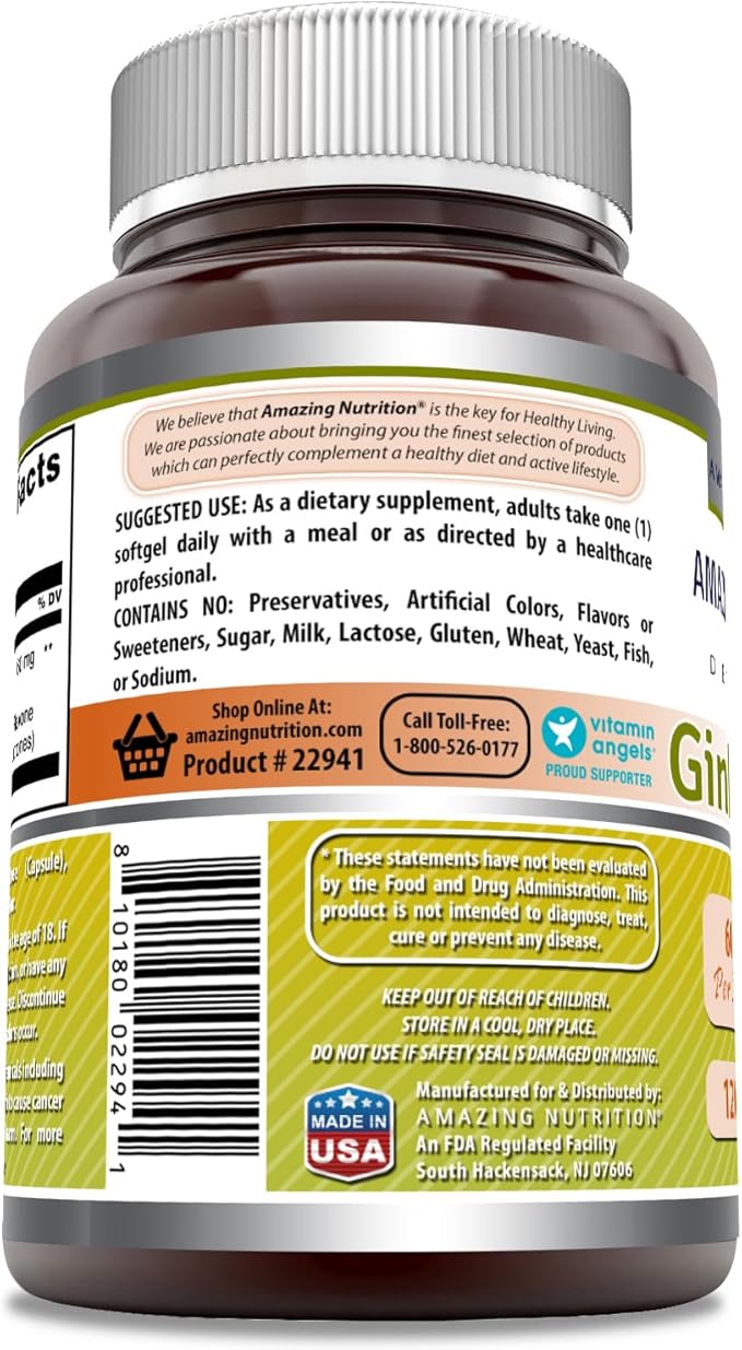 Amazing Formulas Ginkgo Biloba 120 Mg Supplement 120 Capsules | Standardized to Contain 24% Ginkgo Flavone Glycosides | Non-GMO | Gluten Free | Made in USA