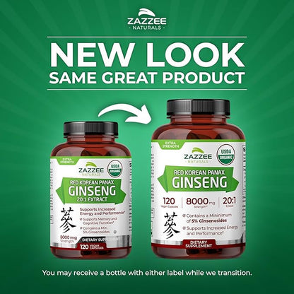 Zazzee USDA Organic Red Korean Panax Ginseng 20:1 Extract, 1000 mg, 5% Ginsenosides, 120 Vegan Capsules, Standardized and Concentrated 20X Root Extract, 100% Vegetarian, All-Natural, Made in The USA