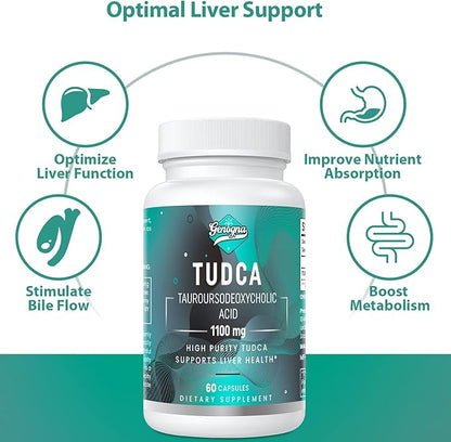 TUDCA 1100mg-Liver Support Supplement for Detox Cleanse, Water-Soluble Bile Salts with Strong Bitter Taste, 60 Vegan Capsules,Non-GMO,Gluten-Free