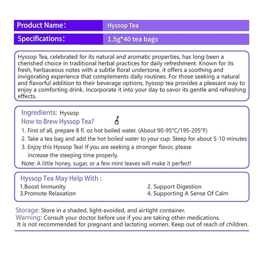 Samcci - Hyssop Tea, 40 Teabags, 1.5g/bag - Premium Hyssop Tea bags - No Additives - No Preservatives - Support Digestion & Promote Relaxation