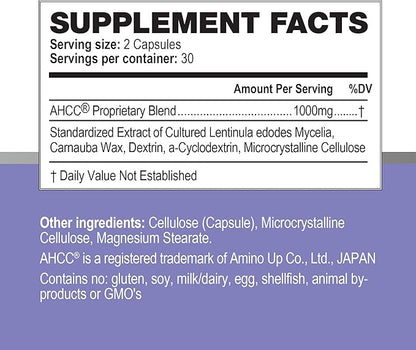 AHCC Supplement - Maximum Strength - Natural Immune Support Extract - Maintains Natural Killer Cell Activity - 20+ Human Research Studies - 60 Veggie Capsules (1 Pack)