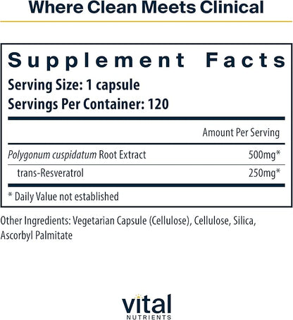 Vital Nutrients Resveratrol | Ultra High Potency Antioxidant | Trans Resveratrol for Cardiovascular and Cell Health Support* | Vegan Supplement | Gluten, Dairy and Soy Free | Non-GMO | 120 Capsules