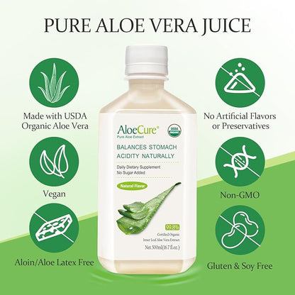 AloeCure USDA Organic Aloe Vera Juice Made Within 12 Hrs of Harvest - Pure Aloe Juice Natural Digestive Supplement to Support Digestion, Immune System and Balanced Stomach Acidity, 6 x 500ml Bottles