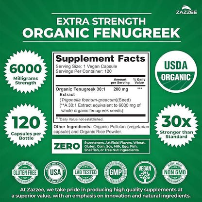 Zazzee USDA Organic Fenugreek 30:1 Extract, 6000 mg Strength, 120 Vegan Capsules, 4 Month Supply, Standardized and Concentrated 30X Extract, 100% Vegetarian, All-Natural and Non-GMO