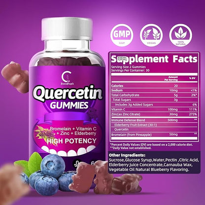 Quercetin Gummies - Quercetin with Bromelain, Vitamin C, Zinc & Elderberry, Extra Strength Immune System Booster, Lung Support Supplement for Adults Kids - 60 Quercetin Gummies (2 Pack)