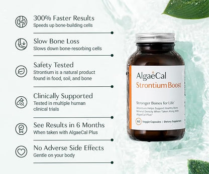 AlgaeCal - Strontium Boost, Natural Calcium Supplement for Bone Density Increase, Strontium Citrate 680 mg, Easy to Swallow for Bone Health & Bone Strength, Gluten-Free - 60 Veggie Caps- Made in USA