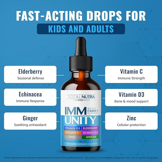 Total Immune 6-in-1 Liquid Multivitamin Supplement | 100% Daily Zinc, Vitamin D3, Vitamin C Immunity Drops Vitamin Liquid | Elderberry, Echinacea, Ginger Support for Adults & Kids | 4 oz Passion Fruit