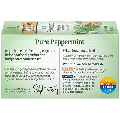 Twinings Pure Peppermint Individually Wrapped Tea Bags, 20 Count (Pack of 1), Fresh Minty Flavour, Naturally Caffeine Free, Enjoy Hot or Iced