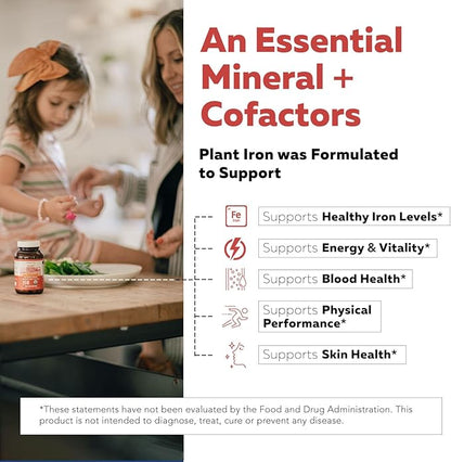 Organic Iron Supplement | Whole Food Iron & Cofactors, 25 mg Elemental Iron | Enhanced Absorption Plus Blood Builder Vitamins - Gentle Form - Support Healthy Iron Level & Blood Health - 90 Capsules