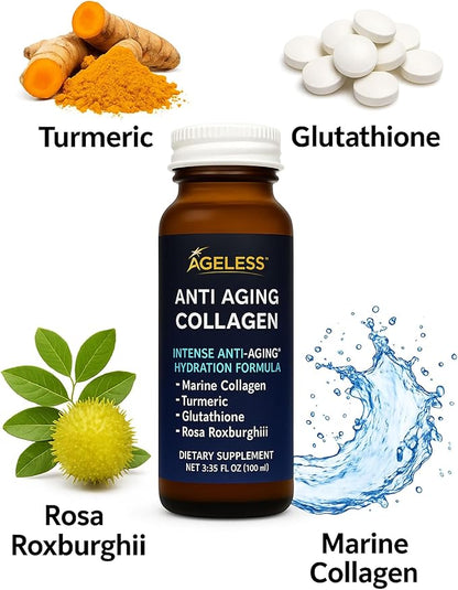 Ageless Ultra Anti Aging Liquid Collagen for Men & Women, Marine Collagen, Turmeric, Glutathione, and Rosa Roxburghii, Multi Vitamins, Skincare, Hydrating & Revitalizing Formula - 50 ml (30 Count)