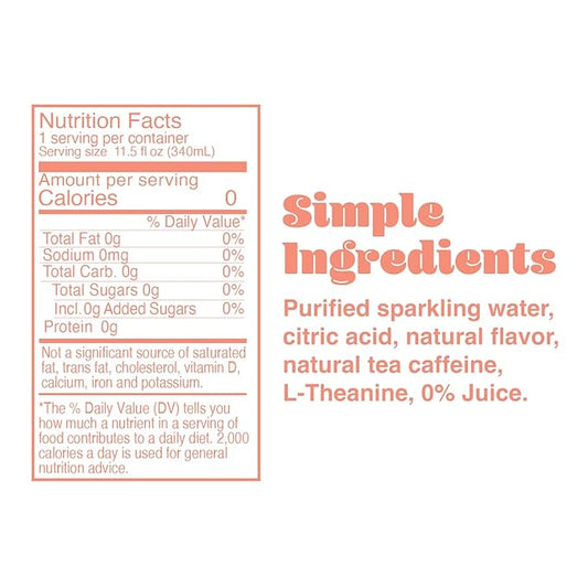 PHOCUS Caffeinated Sparkling Water, Peach, 75mg Natural Caffeine Plus L-Theanine, Zero Sugar, Zero Calories, No Artificial Sweeteners, 11.5 fl oz Cans (Pack of 12)