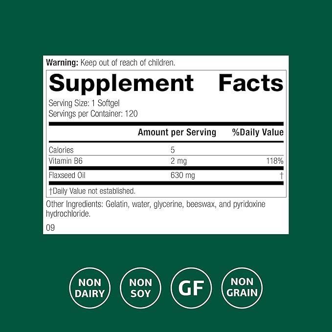 Standard Process Flax Oil with B6 - Supplement for Hormone & Nerve Tissue Support - Supports Brain, Heart & Skin Skin - Gluten-Free, Non-Dairy & Non-Soy - 120 Softgels (120 Servings)