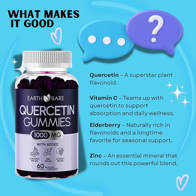 Quercetin Gummies with Elderberry, Zinc & Vitamin C – Immune Support Supplement – Antioxidant & Seasonal Wellness – Vegan, Non-GMO, Natural Berry Flavor – 60 Gummies