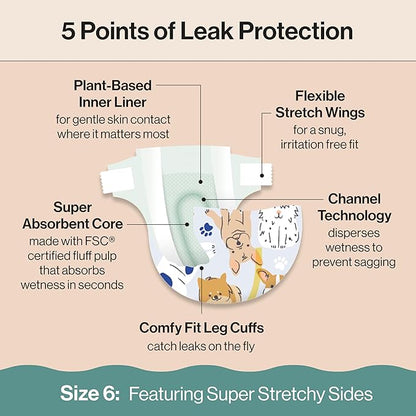 The Honest Company Clean Conscious Diapers for Delicate Skin | Up to 100% Leakproof | Hypoallergenic, Fragrance Free | Gender Neutral | Super Club Box, Size 6 (35+ lbs), 68 Count (Prints May Vary)