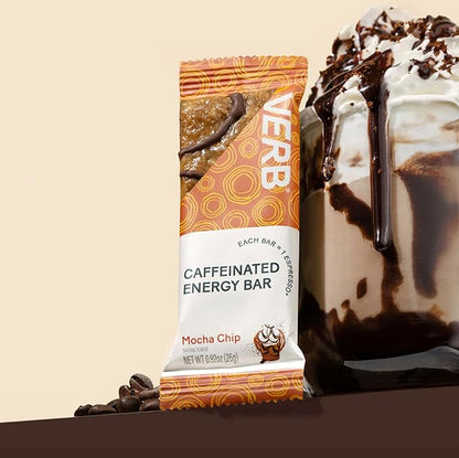 Verb Caffeinated Energy Bars Mocha Chip (26g, Pack of 16) 110-Calorie Delicious Low Sugar Energy Bar - Vegan Gluten Free On-the Go Snack with 80mg Green Tea Caffeine, Only Real-Food Ingredients
