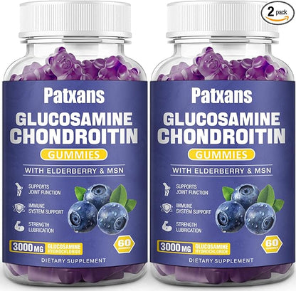 2 Packs 3000MG Glucosamine Chondroitin Gummies - Extra Strength Joint Health & MSM Elderberry Natural Joint Support Supplement, Flexibility, Antioxidant Immune Support for Adults, 120 Gummies.