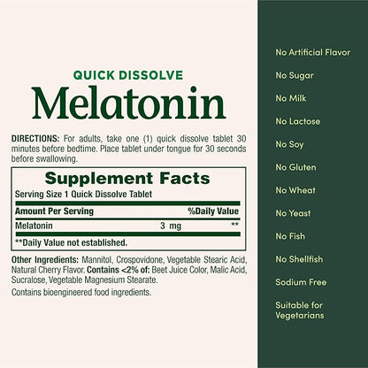 Nature's Bounty Melatonin 3mg Quick Dissolve, Sleep Aid Supplement, Sleep Aids for Adults, Cherry Flavor, 240 Count (Pack of 1), Package May Vary