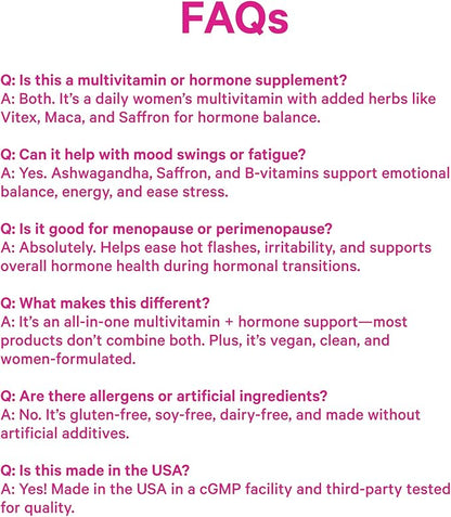 Pink Stork Hormone Balance Multivitamin - 18-in-1 Daily Vitamin with Adrenal and Cortisol Support - Mood, Stress, Energy Support - Perimenopause, PMS and Period Relief - Vitex + B-Complex + Saffron