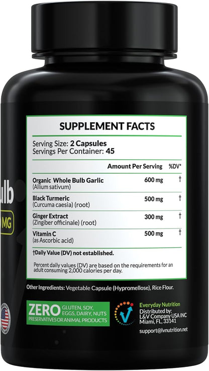 4-in-1 Organic Odorless Garlic with Black Turmeric Supplements, 1900 mg Organic Whole Bulb Garlic, Turmeric, Ginger Extract & Vitamin C (90 ct)