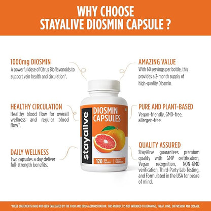 STAY ALIVE Pure Diosmin Complex 1000mg Formula, 120 Capsules, Citrus Bioflavonoids Rich Fruit Extract, 2 Month Supply, 100% Vegetarian, Non-GMO & Gluten Free Diosmin Supplement