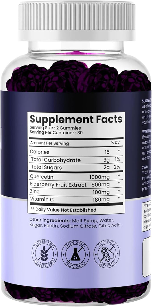 Quercetin Gummies with Elderberry, Zinc & Vitamin C – Immune Support Supplement – Antioxidant & Seasonal Wellness – Vegan, Non-GMO, Natural Berry Flavor – 60 Gummies
