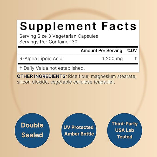 NatureBell R-Alpha Lipoic Acid, 1,200mg, 90 Veggie Capsules | Pure Stabilized R-ALA Only | High Absorption & Antioxidant Support | No S-ALA | Non-GMO, Gluten-Free