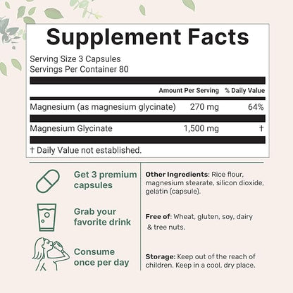 Triple Strength Magnesium Glycinate 1,500mg Per Serving, 240 Capsules | Easily Absorbed Chelated Magnesium + Elemental Form | Healthy Muscle, Bones, & Mood Support Supplement | Non-GMO