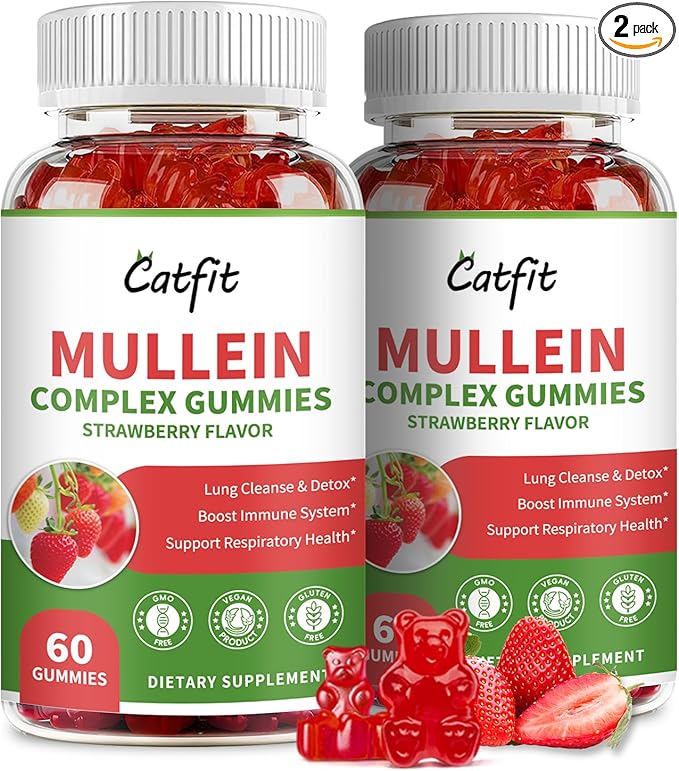 (2 Pack Mullein Gummies for Lungs – Mullein Leaf Extract with Quercetin, Elderberry for Respiratory & Immune Support,Lung Health & Breathing, Vegan, Strawberry Flavor, 60 Gummies