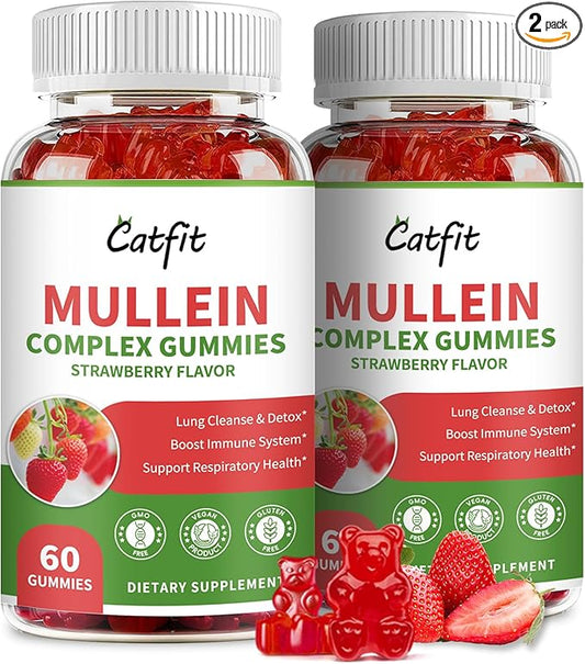 (2 Pack Mullein Gummies for Lungs – Mullein Leaf Extract with Quercetin, Elderberry for Respiratory & Immune Support,Lung Health & Breathing, Vegan, Strawberry Flavor, 60 Gummies