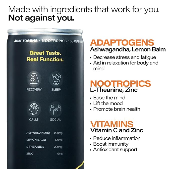 Peak Cocktails Non-Alcoholic Cocktail | Adaptogens, Nootropics, Superfoods for Recovery, Calm, Sleep | Ashwagandha, Tart Cherry, L-Theanine | Mixologist-crafted | Lemon Juniper Fizz | 8.4 oz, 12-Pack